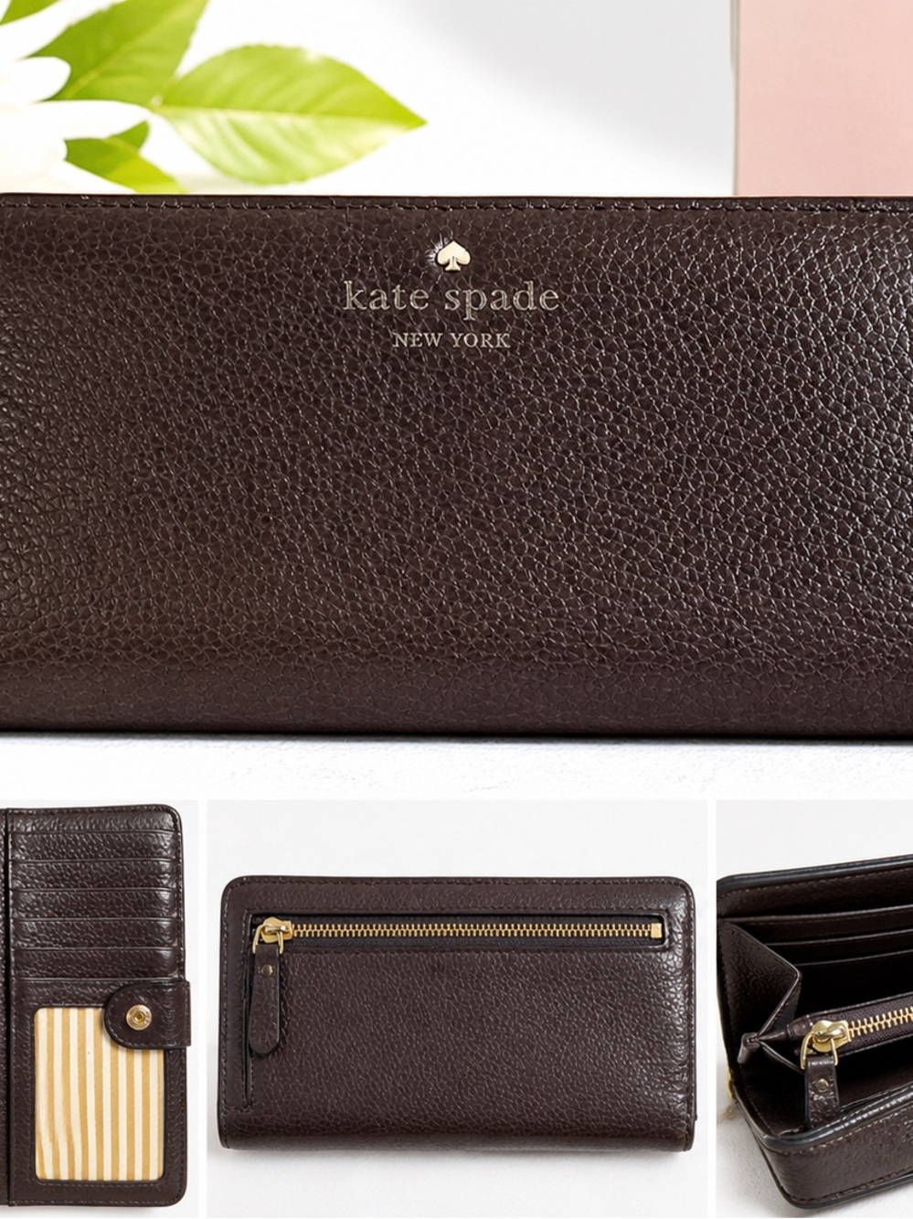 Vintage kate spade Brown Leather Logo Zip Wallet with Gold Spade Accent